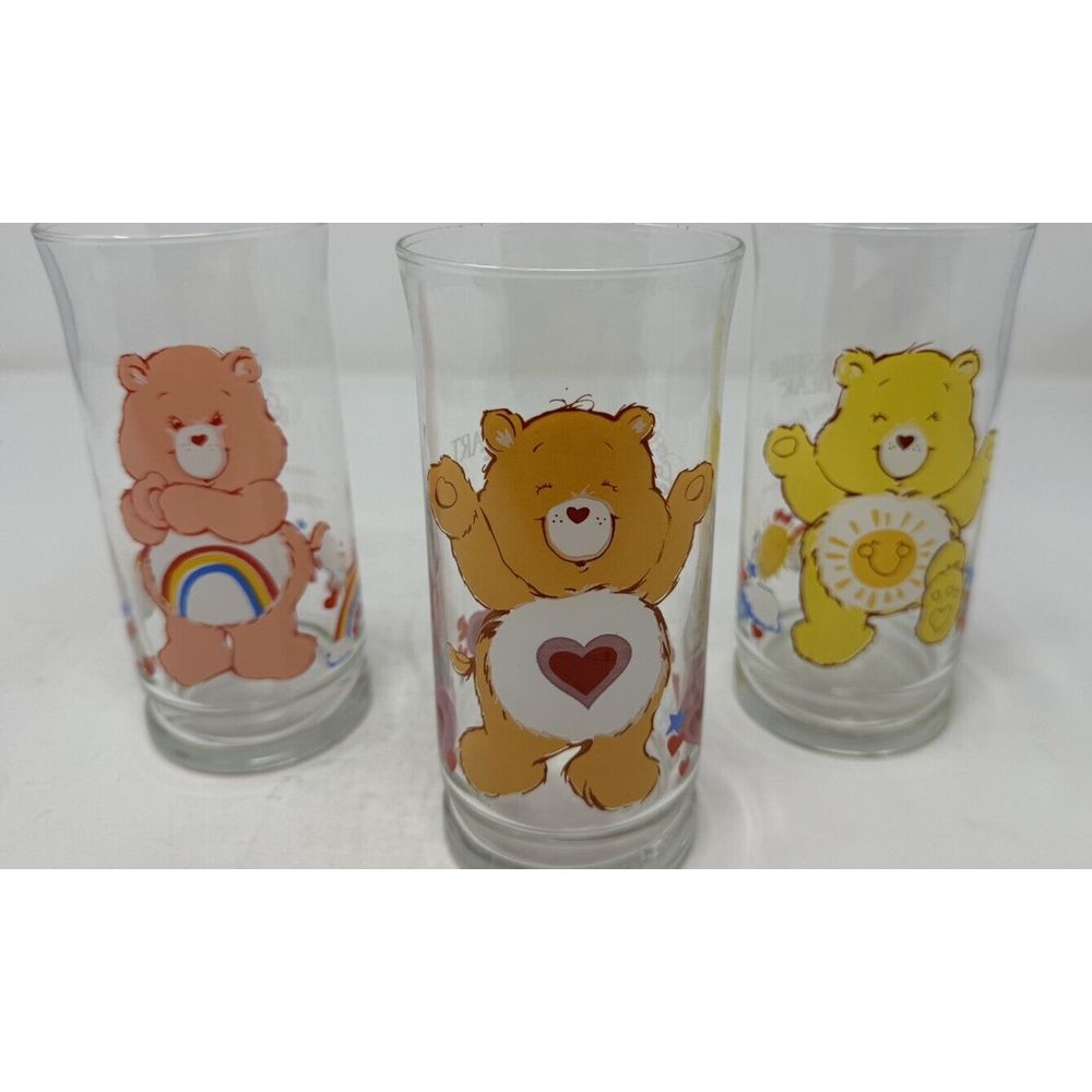 VINTAGE 1983 Care Bears Pizza Hut Drinking Glasses Set of 3 Tenderheart FunshIne